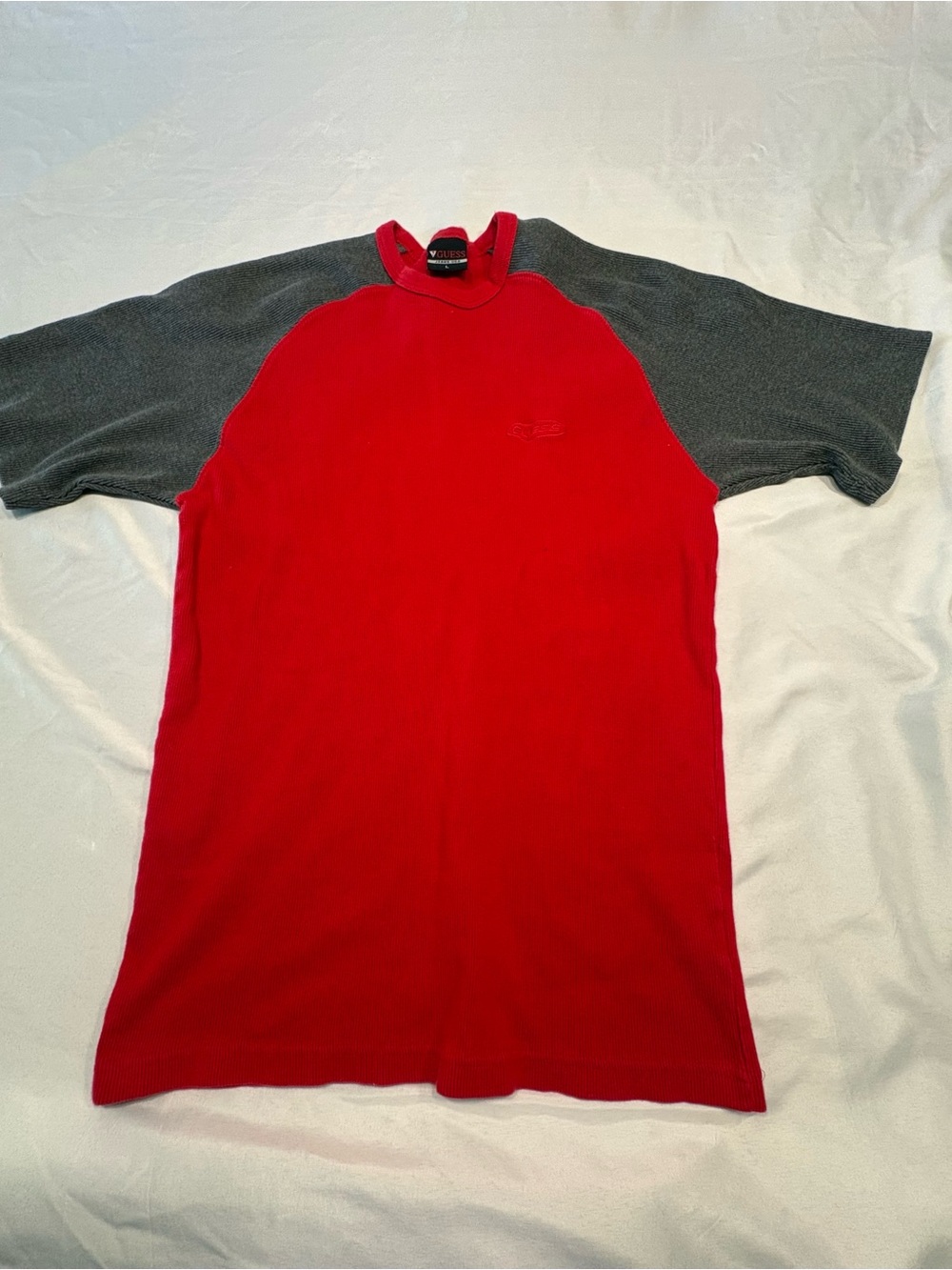 Guess USA Two-Tone Red Body with Gray Raglan Short Sleeve Tee